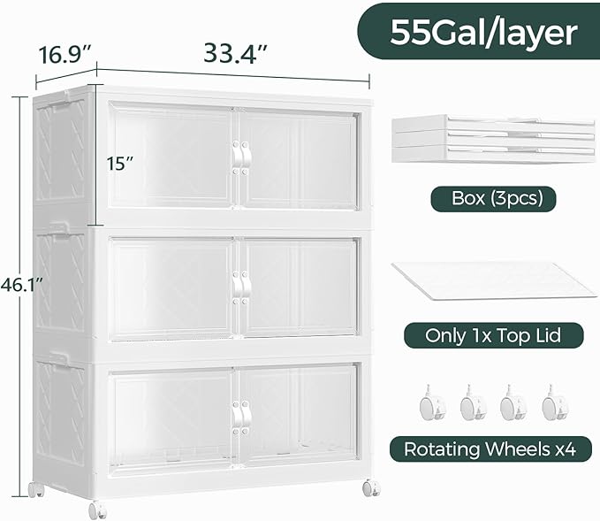 Atrasee 660QT Extra Large Stackable Storage Bins with Lid, 165Gal Collapsible Closet Organizer Box with Wheels, Folding Plastic Storage Cabinet with Doors for Home Bedroom Office Dorm, 3Pack White