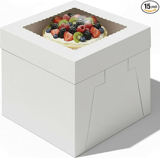 BOARDS+ 8 Inch Cake Boxes with Clear Window (15 Pack) – Sturdy Cardboard, Easy to Assemble, Disposable Cake Carriers for Weddings, Birthdays, and Special Occasions (8x8x8 Inches)