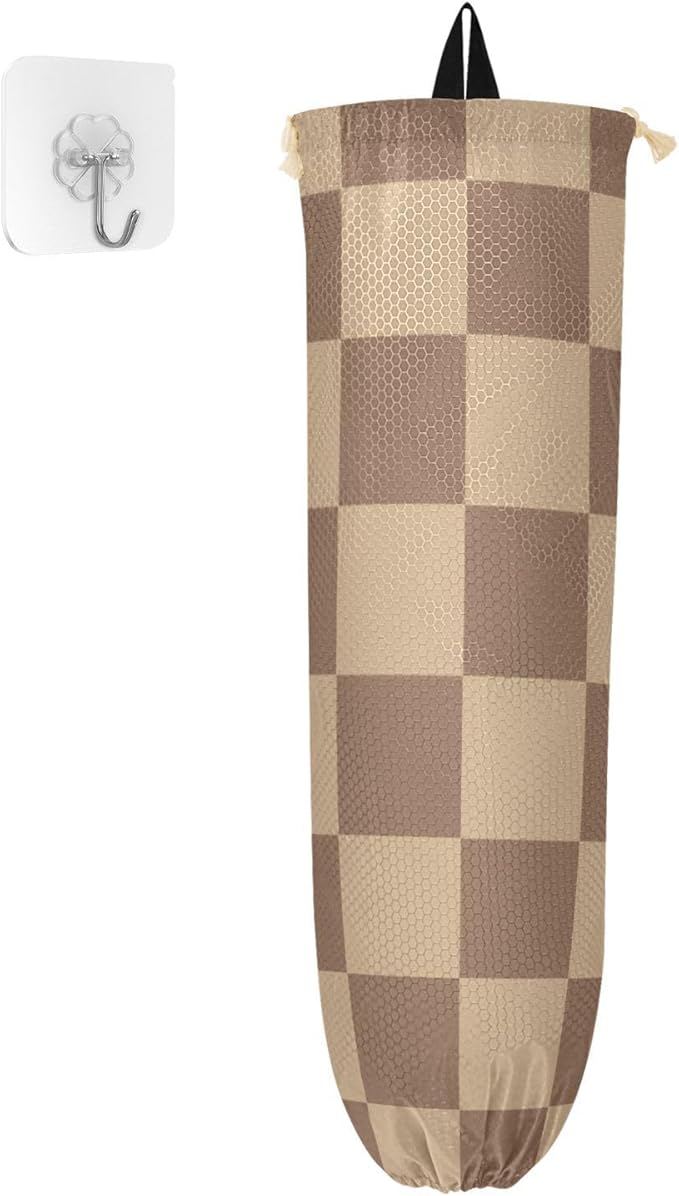 Plastic Bag Holder Wall Mount Grocery Bag Shopping Bag Storage Holder Organizer Dispenser with Adhesive Hook,for Kitchen Bathroom Home Decor 9x22 Inches Checkered Brown03
