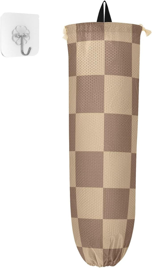 Plastic Bag Holder Wall Mount Grocery Bag Shopping Bag Storage Holder Organizer Dispenser with Adhesive Hook,for Kitchen Bathroom Home Decor 9x22 Inches Checkered Brown03
