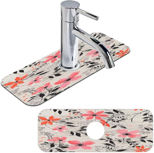 Gray Background Floral Kitchen Faucet Mat Splash Guard, 15.4”x5.7” Absorbent Quick Drying Sink Mat for Countertop Protection, Draining Mat Sink Protectors For Kitchen Bathroom, 1 Pack