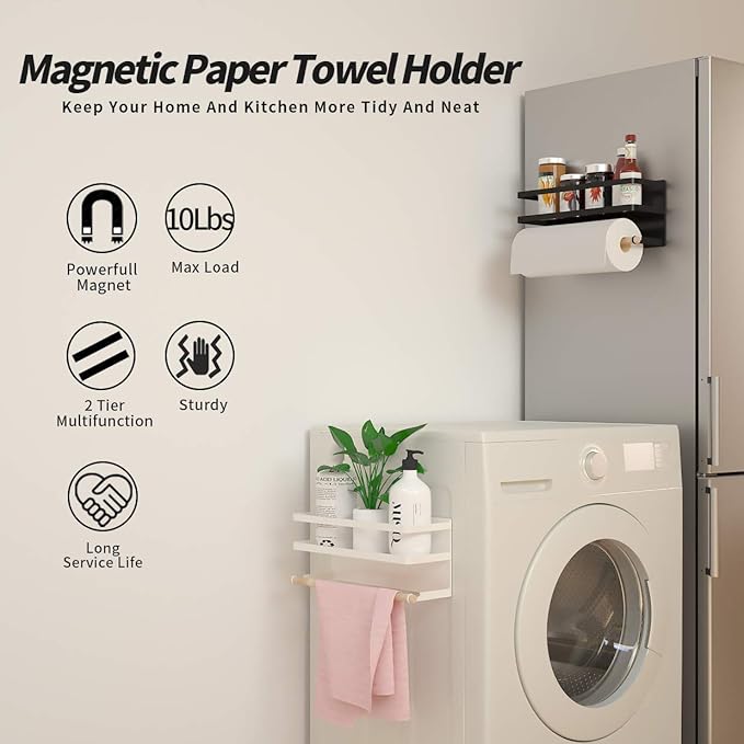 Magnetic Paper Towel Holder for Refrigerator,Magnetic Spice Rack with Paper Towel Rack Storage Organizer Fridge Shelf,Used for Kitchen,Bathroom, Drill Free (B-Black) (White)