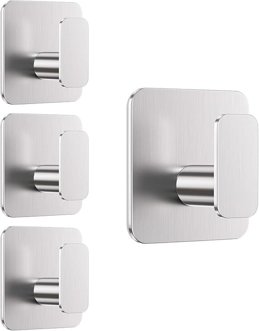 Aikzik Silver Hooks for Hanging Heavy Duty, Adhesive Hooks for Shower, Bathroom, Kitchen, Robe, Towel, Coat, Waterproof & Rustproof Hook for Walls No Damage, Sticky Wall Towel Hooks - 4 Pack