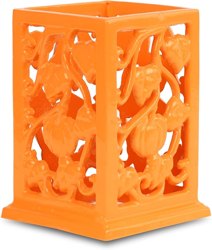 Utensil Holder for Kitchen Counter, Large Cast Iron Vintage Pumpkin Pattern Utensil Holder Cooking Tools Organizer Storage Crock, Orange