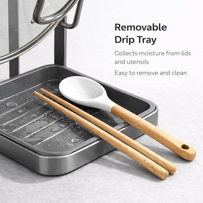 Kitchen Lid Holder While Cooking,Kitchen Pot Lid Storage Rack With Tray,Lid And Spoon Holder While Cooking,Pot Lid Organizer Rack (grey - B)
