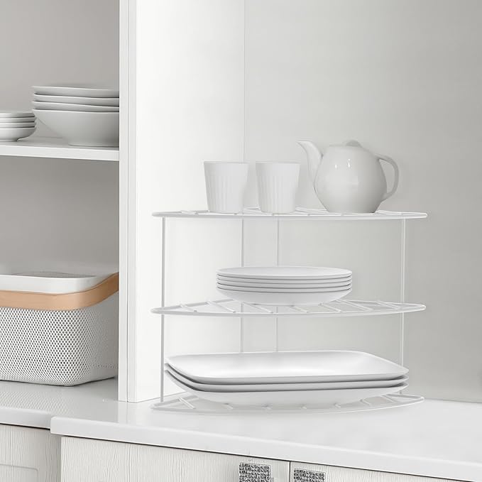 3-Tier Kitchen Details Corner Shelf Organizer | Cabinet & Countertop Storage | Plates | Cups | Bowls (2, White)