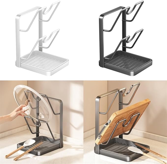Kitchen Pot Lid Storage Rack with Spoon Rest and Rag Holder, Rust-Resistant Carbon Steel Lid Holder,Space-Saving Multifunctional Kitchen Organizer Stand For Pots, Pans(Grey)