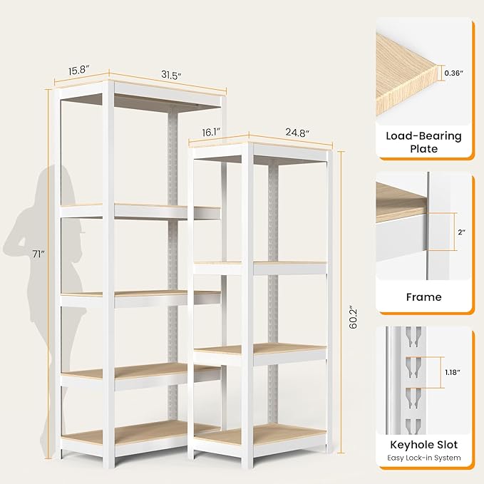 5 Tier Metal Shelves Unit, Adjustable Pantry Organizers and Storage Shelves, Shelving Unit for Closet with Clothes Rod, Storage Rack for Pantry, Laundry, Kitchen - White& Wood Color