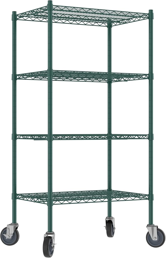 Commercial NSF Listed Green Epoxy Mobile Wire Shelving Kit 21" x 30" x 60", with 4 Shelves Perfect for Warehouse, Walk-in Refrigerator, Freezer, Grocery Store, Restaurant, Dishroom