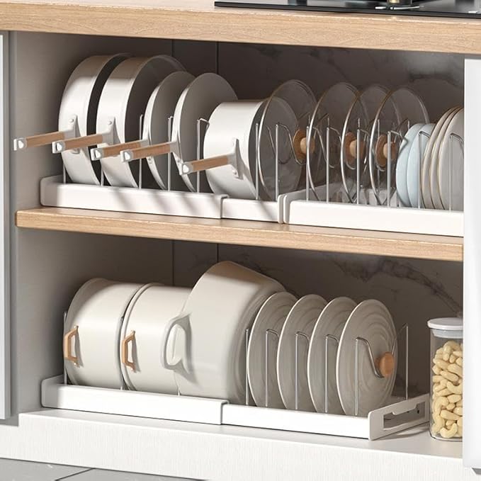 Adjustable Expandable Cookware Organizer – 7 Stainless Steel Dividers for Cabinets, Perfect for Pot Lids & Baking Trays, White Kitchen Storage Rack (Grey)