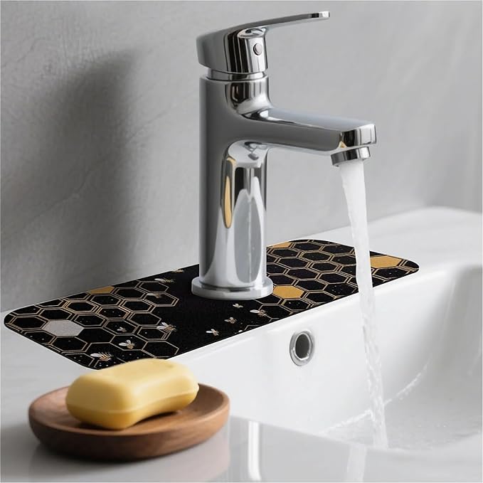 Kitchen Sink Splash Guard，Hive and Bee Faucet Mat Sink Gadgets-Super Absorbent Fast Drying Mat Drip Catcher for Kitchen, Bathroom,Sink Mat, Dish Drying Mat, Bathroom(15" X 5.5" )