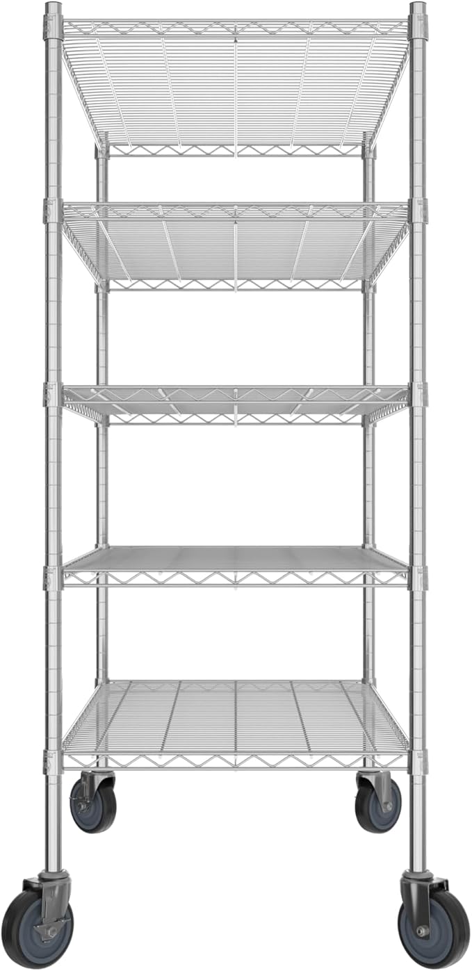 Commercial NSF Listed Chrome Mobile Wire Shelving Kit 24" x 42" x 60", with 5 Shelves Perfect for Warehouse, Walk-in Refrigerator, Freezer, Grocery Store, Restaurant, Dishroom