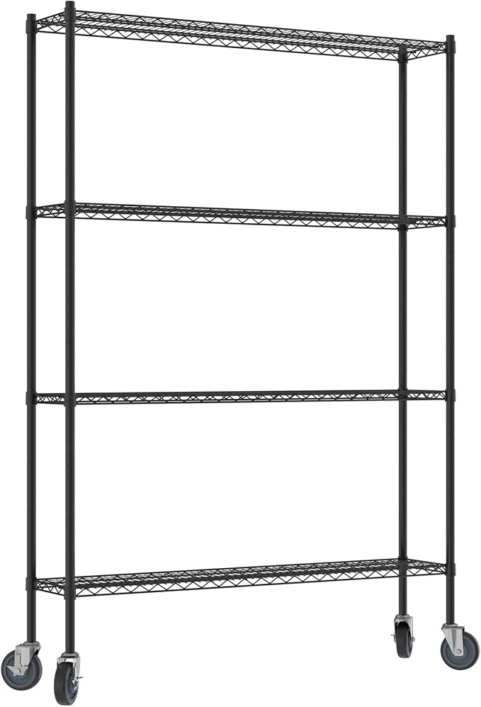 Commercial NSF Listed Black Epoxy Mobile Wire Shelving Kit 12" x 54" x 80", with 4 Shelves Perfect for Warehouse, Walk-in Refrigerator, Freezer, Grocery Store, Restaurant, Dishroom