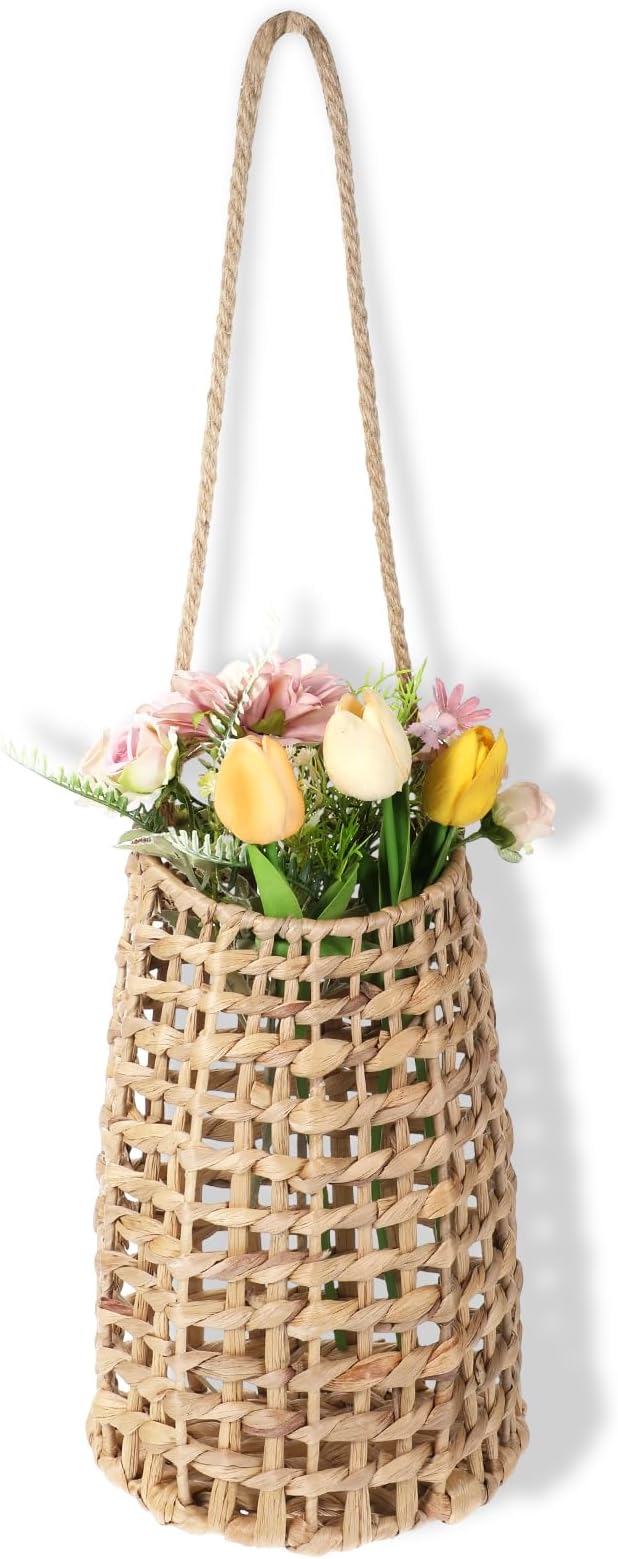 Woven Wall Hanging Basket, Boho Front Door Pocket Basket Open Weave Water Hyacinth Wall Farmhouse Decor Storage Organizer for Home Garden Pantry Kitchen
