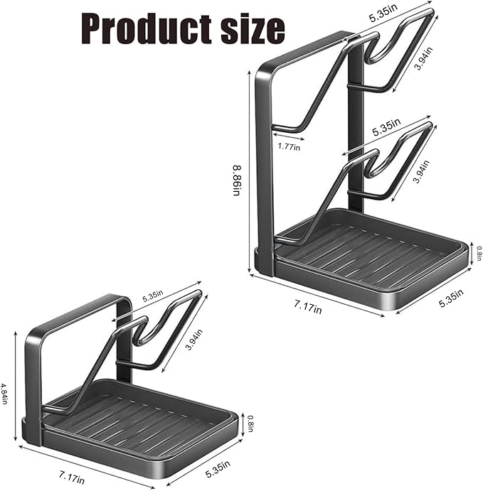 Kitchen Pot Lid Storage Rack, Multifunctional Holder While Cooking, Secure U-Shaped Slots Spoon Rest & Cutting Board Organizer, Removable Drip Tray for Countertop Stove Top (Black1)