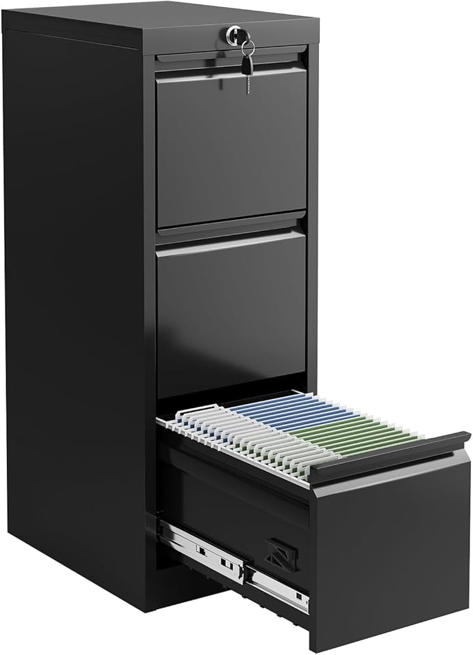 3-Drawer Metal Filing Cabinet with Lock, Vertical Heavy Duty Steel File Organizer for Home Office, Secure Storage for Letter, Legal, A4, F4 Documents – Professional Office Furniture, Black