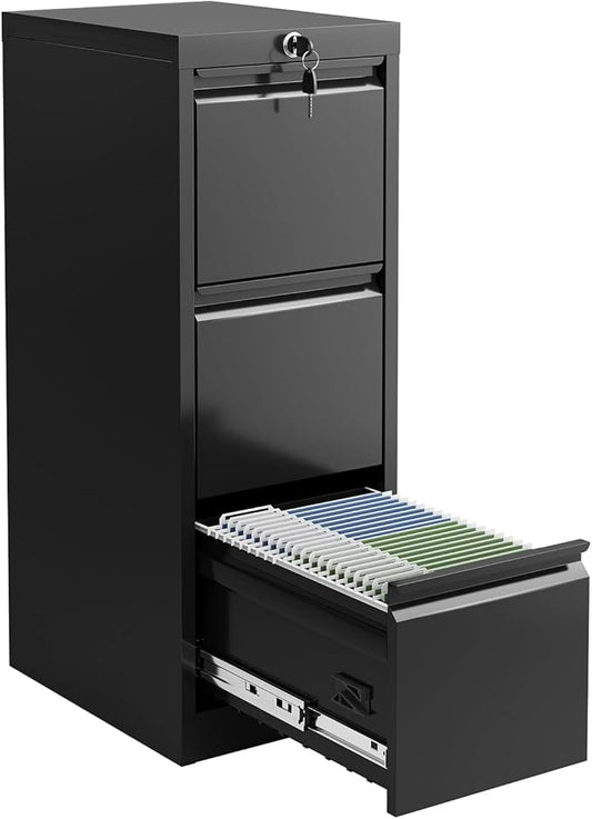 3-Drawer Metal Filing Cabinet with Lock, Vertical Heavy Duty Steel File Organizer for Home Office, Secure Storage for Letter, Legal, A4, F4 Documents – Professional Office Furniture, Black
