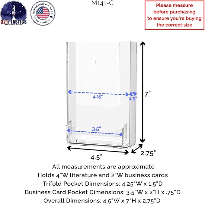 Marketing Holders 2 Pack Brochure Holder 4 Inch Rack Cards Display with 3.5" x 2" Business Card Slot TriFold Graphic Flyer Zoos Retail Sales Rack Cards Clear Acrylic Organizer