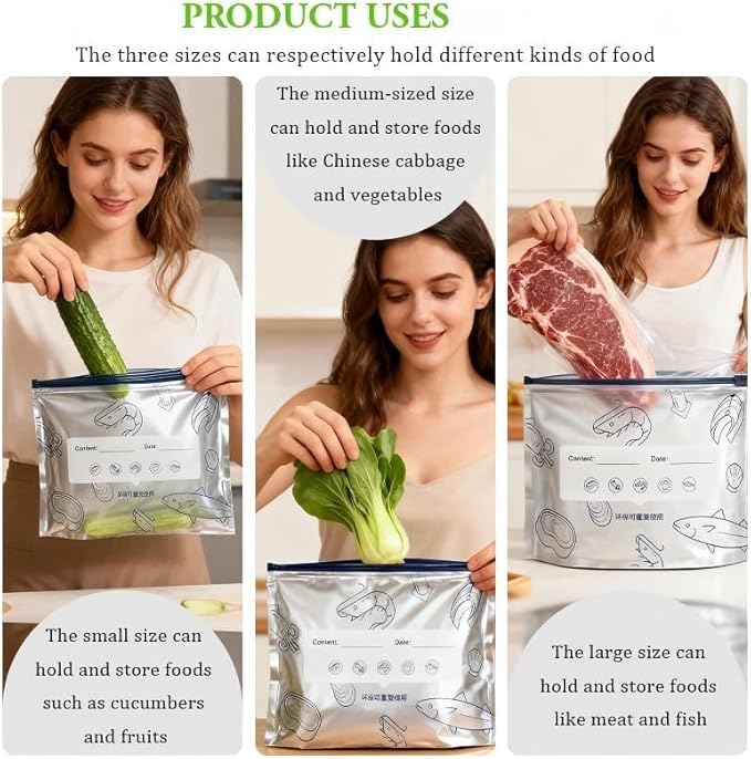 Reusable Aluminum Foil Sealable Storage Bags, 2026 New Resealable Vacuum Zipper Pouches for Food, Stand Up Foil Sealable Bags with Label and Zip Lock for Vegetable Fruit Meat (30PCS, Large)
