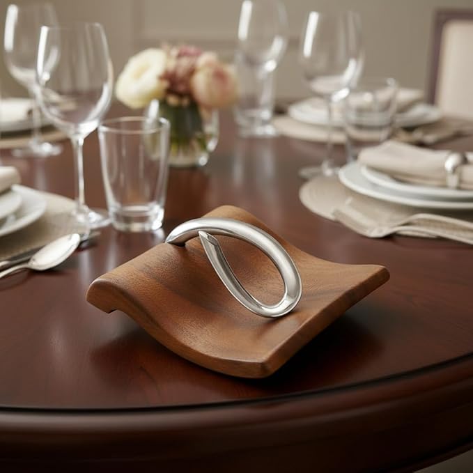 Nambé Breeze Napkin Holder – Decorative Acacia Wood & Stainless Steel Tabletop Organizer for Dining, Kitchen, Outdoor Meals & Gatherings – Sleek Modern Napkin Dispenser for Home Use