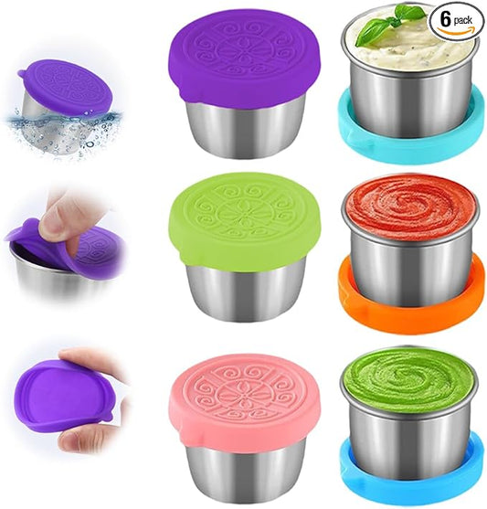 6x1.6/2.4 Oz Salad Dressing Container To Go Condiment Containers Coverd Lids,Small Reusable Stainless Steel Sauce Containers For Lunch Boxes Picnics Travel Meal Prep Kitchen Storage (6PC-2.4oz)