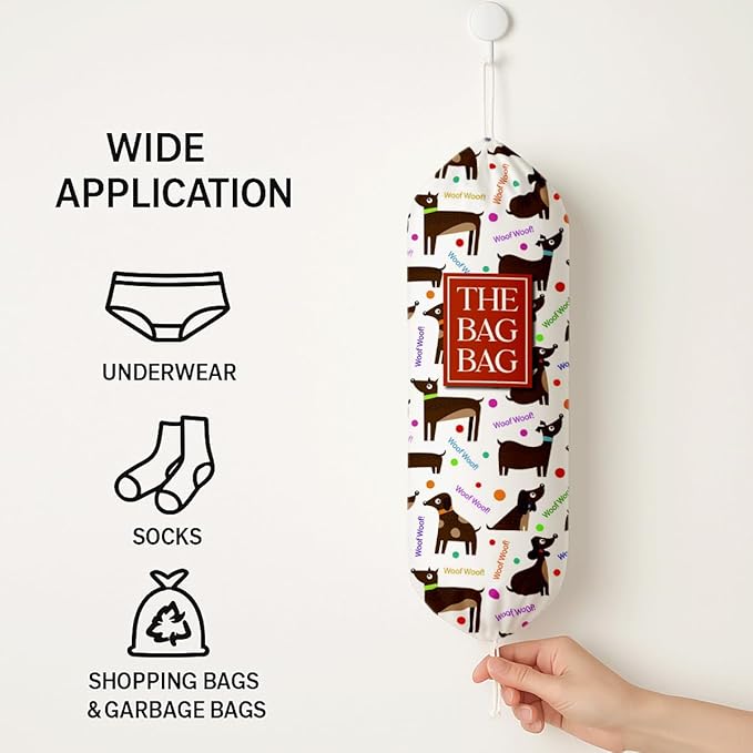The Bag Bag Grocery Bags Holder, "Woof Woof" Dog Pattern Grocery Bags Holder Organizer for Shopping Sack, Reusable Hanging Trash Sack Dispenser, Kitchen Gift for Women Family Friends