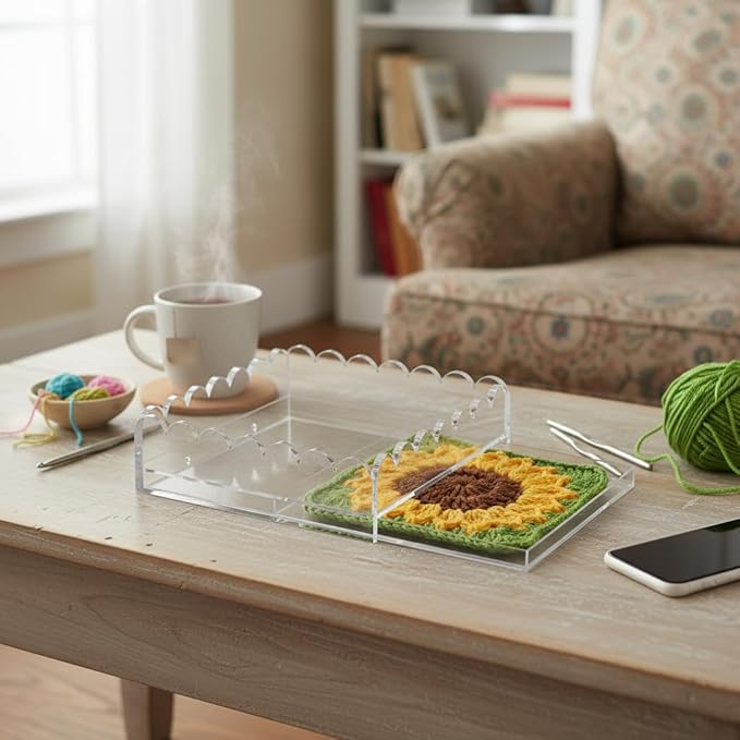Acrylic Tray for Needlepoint, 9 x 9 Inch Clear Scalloped Acrylic Decorative Tray with Upgraded 2 Magnets Drawer Display for Insert Photo, Fabric Square Organizer Tray for Home Decor