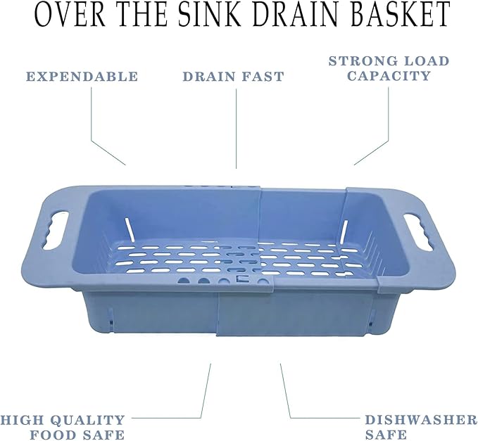 MineSign Extendable Over the Sink Colander Fruits and Vegetables Drain Basket Adjustable Strainer Sink Washing Basket for Kitchen (White)
