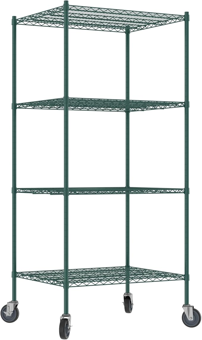 Commercial NSF Listed Green Epoxy Mobile Wire Shelving Kit 30" x 36" x 80", with 4 Shelves Perfect for Warehouse, Walk-in Refrigerator, Freezer, Grocery Store, Restaurant, Dishroom