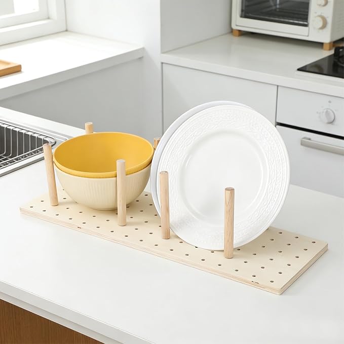 3-Pack Wood Pegboard Drawer Organizer with 24 Adjustable Pegs – Customizable Kitchen Drawer Plate & Utensil Organizer, Natural Wood