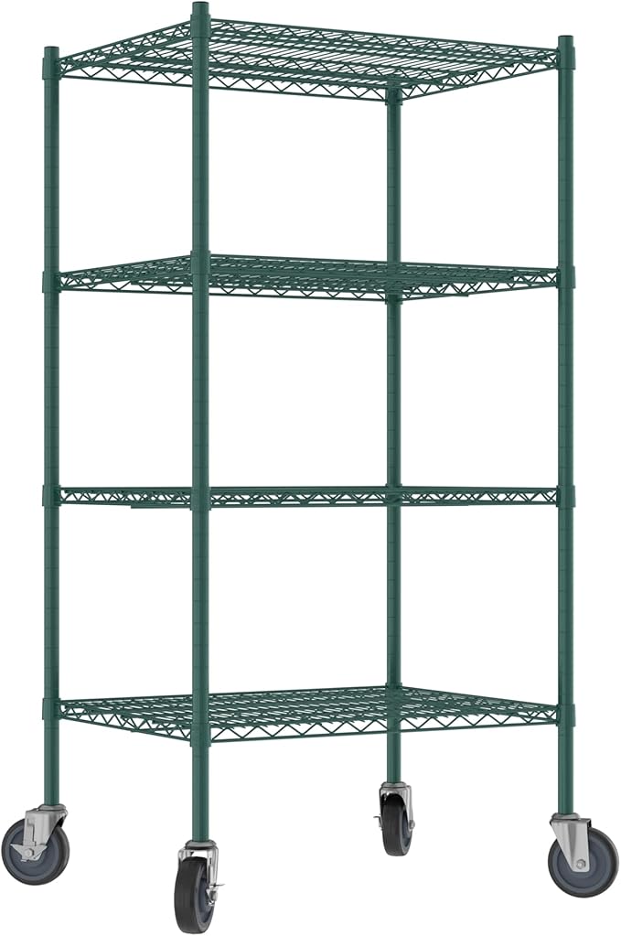 Commercial NSF Listed Green Epoxy Mobile Wire Shelving Kit 24" x 30" x 60", with 4 Shelves Perfect for Warehouse, Walk-in Refrigerator, Freezer, Grocery Store, Restaurant, Dishroom