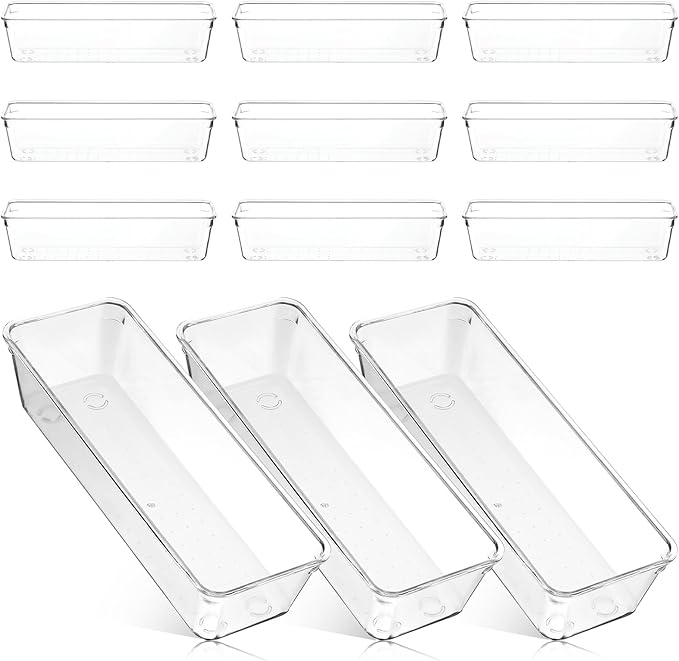 12 Pcs Clear Plastic Drawer Organizer 9 x 3 x 2 Inches Kitchen Bathroom Fridge Utensil Vanity Drawer Organizers Tray Makeup Storage Organizer Drawers Trays for Organization Office