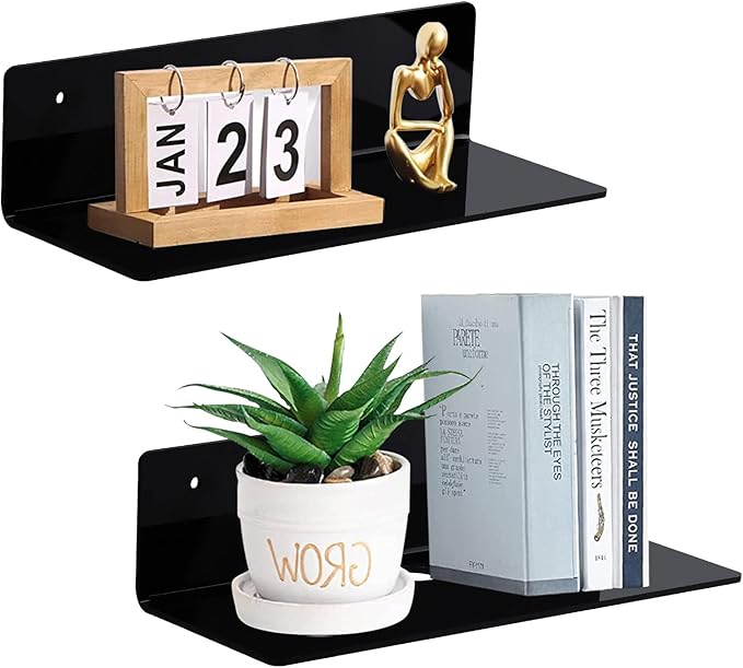 luium 9 Inch Acrylic Floating Shelf No Drill Adhesive Wall Shelf Set of 2 for Funko Pop Storage, Floating Shelves Damage-Free Expand Wall Space for Living Room, Bathroom, Gaming Room, Office - Black