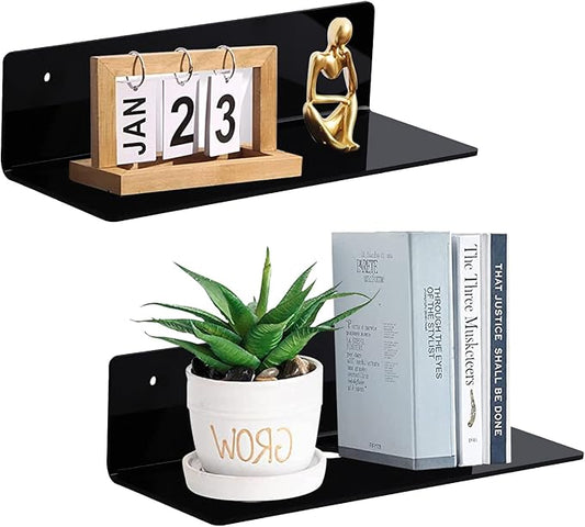 luium 9 Inch Acrylic Floating Shelf No Drill Adhesive Wall Shelf Set of 2 for Funko Pop Storage, Floating Shelves Damage-Free Expand Wall Space for Living Room, Bathroom, Gaming Room, Office - Black