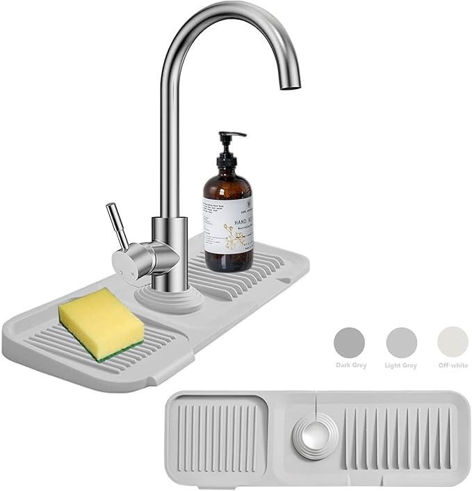 MOODKEY Kitchen Sink Splash Guard Sponge Holder - Silicone Faucet Drip Catcher Tray - Sink Protector - Fits Faucet Tube within 2.5" (Light Grey, 17.7")