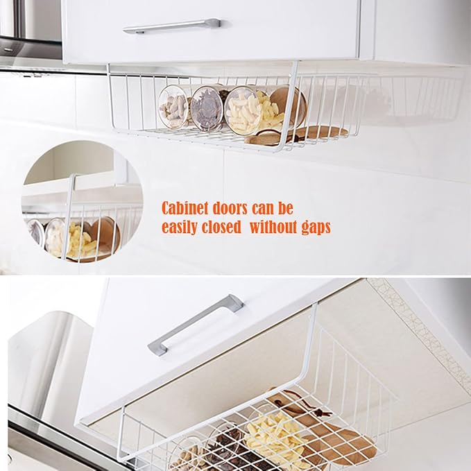 Under Shelf Storage Basket, Hanging shelf basket Slides Under Shelves for Storage Metal Under Cabinet Shelf Basket Organizer Space Saving for Kitchen Pantry Desk Bookshelf (White Pack of 2)