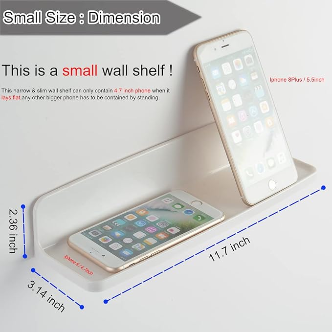 Stick On Small Wall Shelf,White Floating Shelves Wall Mounted - Adhesive Strips | Plastic Hanging Display Shelf for Bedroom,Kitchen,Living Room,Bathroom,Office (2Pcs/Set)