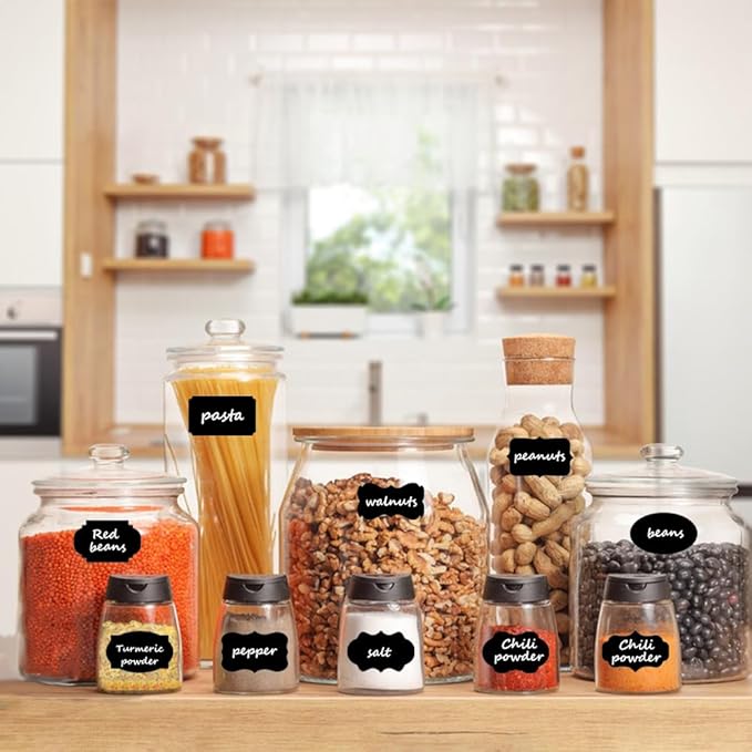 200PCS Chalkboard Labels, Waterproof Reusable Labels with 1 Erasable Pen, Removable Blackboard Label Stickers for Food Containers, Storage Bins, Jars, Kitchen Spice Label (Black)