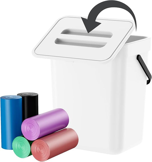 Compost Bin Kitchen, Includes 100 Trash Bags, Hanging Trash Can with Lid, Features Pet-Proof, Odor-Proof, and Quiet Opening/Closing. Suitable for Bathrooms/Bedrooms/Offices (White, 0.8Gal/3L)