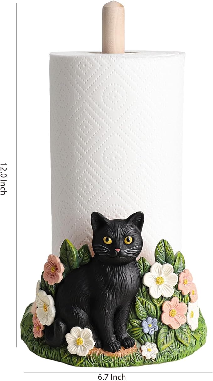 WAIT FLY Black Cat and Flower Paper Towel Holder Stand Resin Tissue Stand Roll Holder for Kitchen Countertop Restaurant Cafe