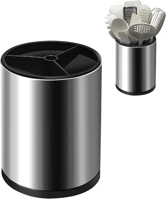Stainless 360° Rotating Kitchen Utensil Holder Large Counter Utensil Caddy Cooking Spoon Stand Spatula Cutlery Metal Utensil (Silver)
