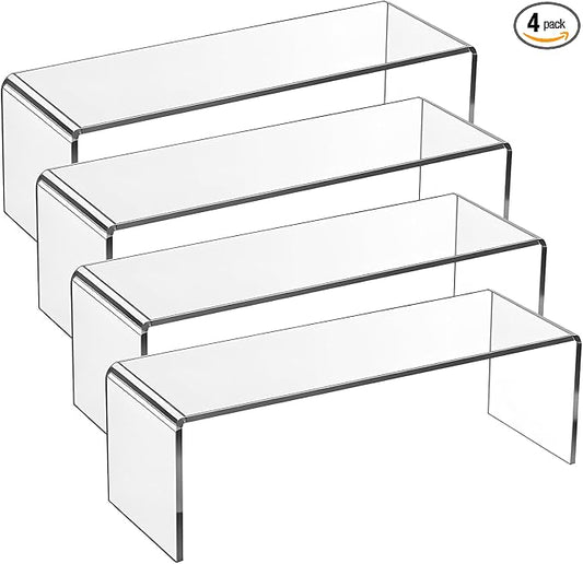 4 Pcs Acrylic Risers Display Stands, 12" x 4" x 4" Clear Acrylic Cabinet Organizer Shelf Kitchen Spice Rack Countertop Display Rack for Dishes, Bottles, Perfumes, Ornaments (5mm Thick)