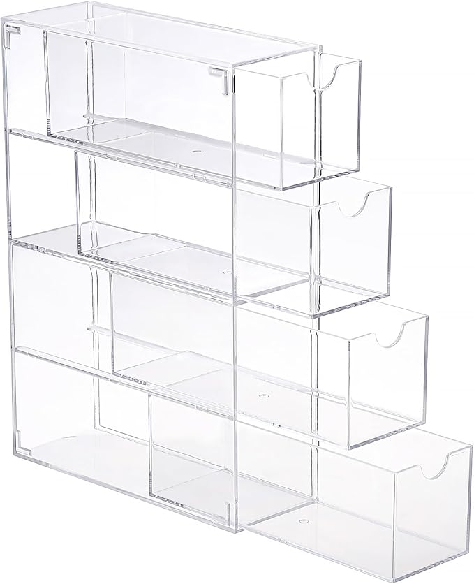 Hipiwe Acrylic Drawer Organizer Glasses Case Multiple Pairs Clear Desktop Drawers Box with 4 Pull Out Drawers Sunglasses Display Case Eyeglass Storage Organizer for Glasses Jewelry