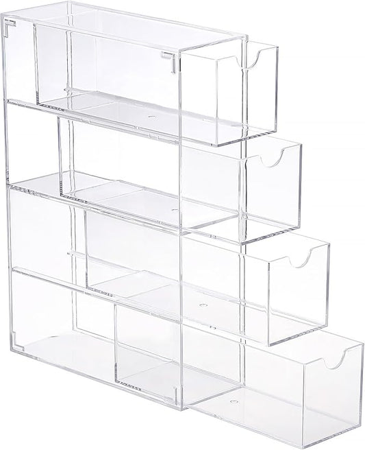 Hipiwe Acrylic Drawer Organizer Glasses Case Multiple Pairs Clear Desktop Drawers Box with 4 Pull Out Drawers Sunglasses Display Case Eyeglass Storage Organizer for Glasses Jewelry