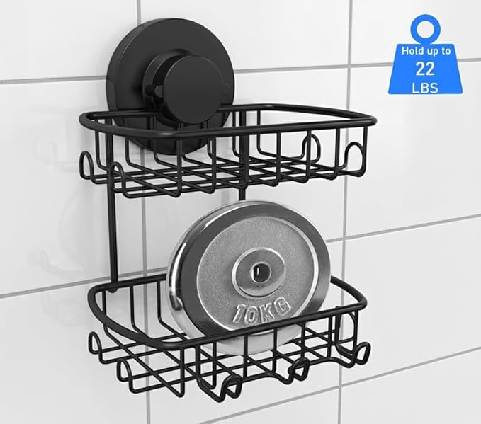 Soap Dish for Shower Suction Cup Powerful Vacuum System Rustproof 304 Stainless Steel Basket Sponges Holder with Razor Hooks for Bathroom or Kitchen Soap Holder, 2 Tier (Black)