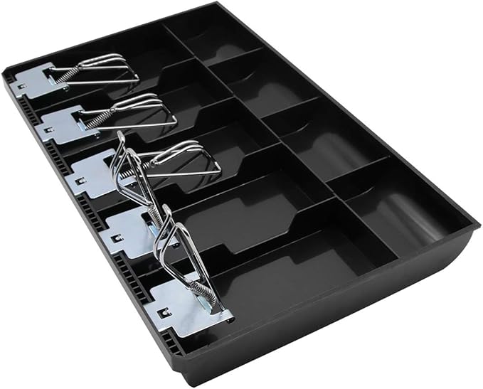 Cash Register Drawer Insert Tray 5 Bill/4 Coin Compartments with Metal Clip for Money Storage, Black