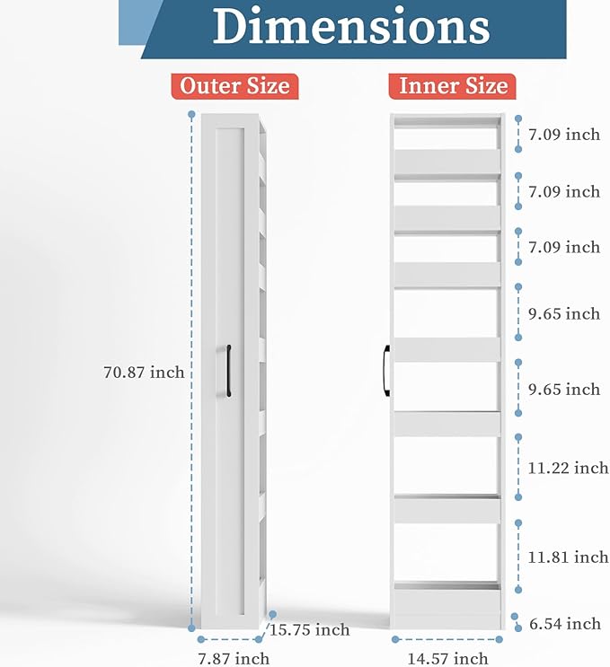 71'' Tall Slim Rolling Storage Cart on Wheels 7-Tier Next to Fridge 8 inch Wide Narrow Pull-out Skinny Spice Rack Side of Refrigerator Slide-out Shelf Pantry Cabinet for Kitchen, Laundry Room White
