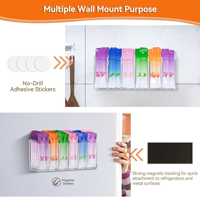 Drink Packet Organizer,Water Drink Packet Holder with Removable Divider,6 Compartment Water Flavor Packet Storage with Soft Magnetic&Adhesive Sticker for Kitchen Pantry Cabinet Fridge