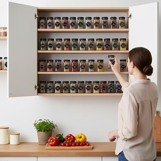 672 Preprinted Spice Labels with A–Z Index, Minimalist Black Round Stickers for Kitchen Jars, Waterproof Oilproof Tear-Resistant Herb & Seasoning Labels – 1.2" Pantry Label Set