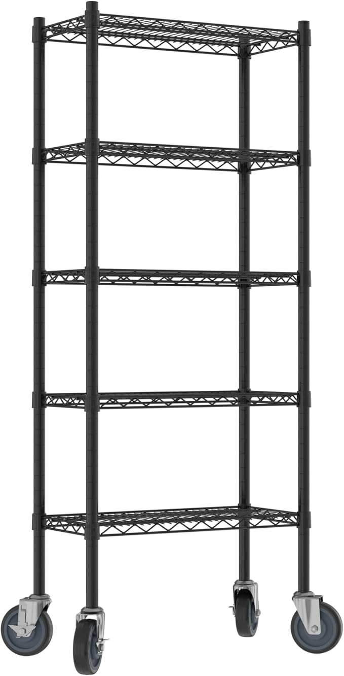 Commercial NSF Listed Black Epoxy Mobile Wire Shelving Kit 12" x 24" x 60", with 5 Shelves Perfect for Warehouse, Walk-in Refrigerator, Freezer, Grocery Store, Restaurant, Dishroom
